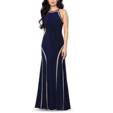 Xscape Navy Blue Nude Mesh-Detail Halter Jersey Maxi Dress Size 12 $259 picture