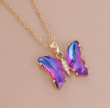 Gold Tone Purple Crystal Butterfly Necklace Statement Everyday Jewelry Gift picture