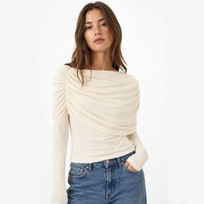 H&M Divided Cream Draped Ruched Long Sleeve Top Off White Small NEW picture