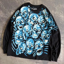 skull pile Liquid Blue aop y2k black long sleeve shirt blue skulls graphic XL picture