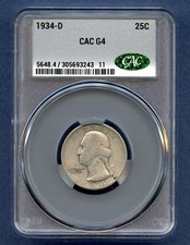 1934 D CAC G4 Washington Quarter 25c US Mint Silver Coin 1934-D G-04 CACG picture