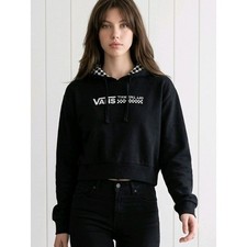 Vans Off The Wall Womens Cropped Hoodie Black Checkerboard Hood Logo Sweatshirt picture
