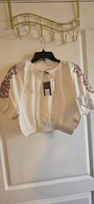 Madewell Women’s White Floral Embroidered Puff Short Sleeve Tie Blouse, S picture