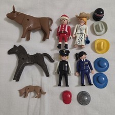 Vintage Playmobil Lot Figures And Animals + Hats Santa + Police Office + Pilot picture