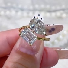 4.24CT Emerald Pear Moissanite Toi et Moi Engagement Ring 14K Yellow Gold Plated picture
