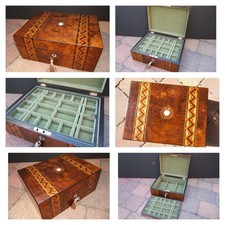 19c ANTIQUE  FIGURED WALNUT JEWELLERY BOX -RING- NECKLACE-WATCH picture