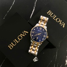 Bulova Classic 98D130 Men's Diamond Accent Two-Tone Blue Dial 40mm Quartz Watch picture