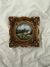 Miniature Landscape Oil Painting – Tiny Cottage Garden in Antique Frame  picture