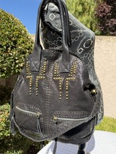 Carla Mancini Vintage Large Black Grain Leather Studded Boho Shoulder Bag Purse picture