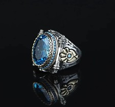 925 Sterling Silver Oval Aquamarine Ring Mens Vintage Turkish Handmade picture