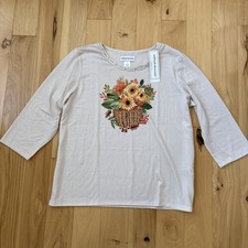 NWT ALFRED DUNNER FALL BASKET MINI BEAD TRIMS LATTICE NECK TOP  Sz L Retail $59 picture
