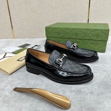 Men's Gucci Horsebit Loafers, Black Polished Leather & GG Supreme Canvas Slip-on picture