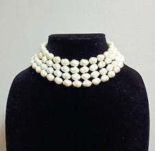 Vintage Signed Trifari Four Strand White Faux Pearl Choker Necklace Bar Clasp picture