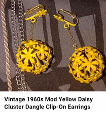 Vintage 1960s Yellow Daisy Flower Cluster Ball Drop Clip-On Earrings picture