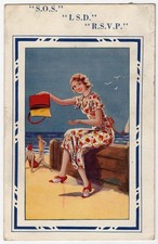 Antique 1936 Comic Beach Holiday Lady Handbag Postcard S.O.S. LSD R.S.V.P. picture