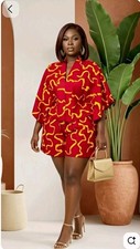 Women’s Cotton Ankara Abstract Print 2pc V-Neck Top & Shorts Set OS, Red/Yellow picture