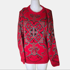 Vintage Carducci Red & Green Aztec Geometric Crewneck Sweater Size Medium 90s picture