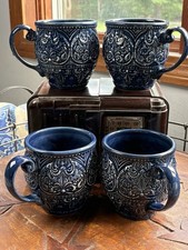 Pier 1 Chateau Clair Scalloped Blue Hand-Painted Stoneware Coffee Mug 16oz Set 4 picture