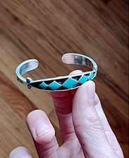 Vintage Zuni Jimmie Etsate Turquoise Sterling Silver Inlay Cuff Bracelet 6 1/8