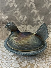 Vintage Hen On Nest Indiana Glass Iridescent Carnival Glass Blue 7” picture
