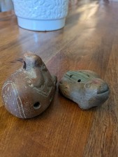 Vintage Pre-Columbian Style Clay Whistles 2 Pcs - Frog & Shaman Rider Ocarinas picture