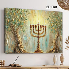 Hanukkah Menorah & Olive Tree Wall Art – Framed Canvas Jewish Decor (12x16 in) picture