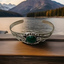 Vintage Navajo Sterling Silver Natural Malachite Cuff Bracelet Sz 7.5 Signed picture