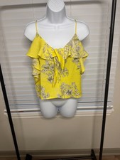 Lush Yellow Floral Tie Front Cami Top M Ruffle Sweetheart Neckline Boho Tank picture
