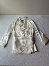 NWOT Vintage Y2K Delaru Women's Ivory Long Sleeve Ruffle Shear Silk Top Size 8 picture