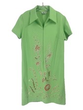 Vtg 70s Lady Blair Mint Green House Dress Beaded Short Sleeve Midi Sz Medium picture