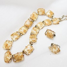 Vintage Coro Signed Gold Tone Yellow Fleck Demi Parure Necklace Earrings Jewelry picture