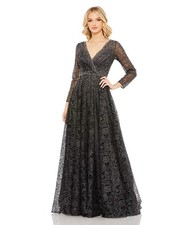 Mac Duggal Graphite Embellished Illusion Long Sleeve V Neck Gown Size 14 $798 picture