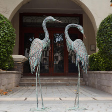 Metal Garden Crane Heron Statues Set of 2 Large Patina Bird Yard Art Decor picture