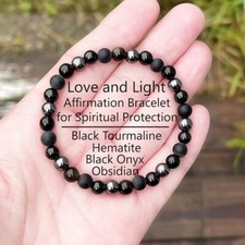 Triple Protection Black Onyx Tourmaline Obsidian Hematite Beads Healing Bracelet picture