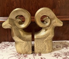 West Elm Bighorn Sheep Bookends Gold Brass Metal Ram Mid Century Art Deco Style picture