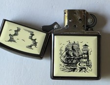1992 Vintage Fired Zippo Scrimshaw like Lighthouse With Ship Lighter No Case picture