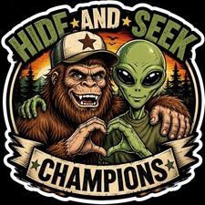 Bigfoot Alien Hide and Seek Champions Vinyl Sticker Decal Funny Sasquatch UFO  picture