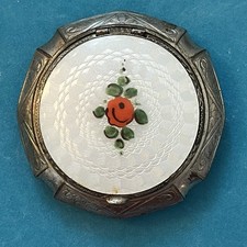 Vintage 1930s Powder/Mirror Compact White Enamel With Red Rose Silver tone READ  picture