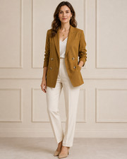 Womens Vince Tan Tencel Double Breasted Blazer Classy Old Money Size 8 picture