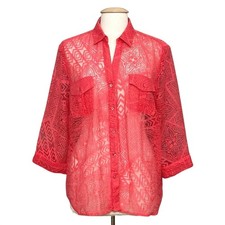 Chicos Womens Top 2 L Coral Punch Tiled Burnout Sheer Button Up Beachy Cruise picture