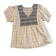 Madewell Smocked V-Neck Puff Sleeve Embroidered Blouse White Navy Blue Small picture