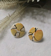 Vintage Pierced Earrings Large Round Yellow Black Cream Enamel 1.75