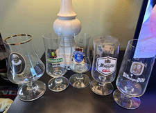 VTG 5 PC Set German Beer Glasses Stemmed Pilsner Goblets Hofbrauhaus Bitburger  picture