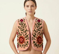 Boho Hand Embroidered Pink Velvet Waistcoat Folk Art Open Front Vest picture