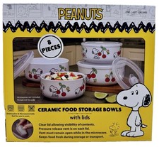 Peanuts Snoopy 8 Piece Ceramic Food Storage set Bowls With Lids Cherries Costco picture