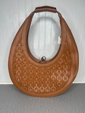 Anthropologie Structured Shoulder Bag Crescent Shaped Tan Leather Circular Panel picture