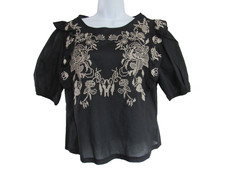 Solitaire Women's M Black Beige Cotton Embroidered Ruffle Short Sleeve Boho Top picture