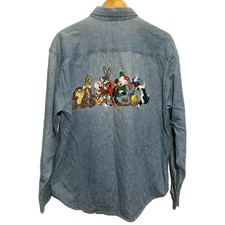 Vintage Looney Tunes Denim Shirt Mens L Blue Embroidered Cartoon Acme Clothing picture
