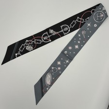 Hermès C’est la Fête Silk Twilly Black Grey Skull Rose Chain Print picture