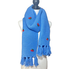 Aqua Bloomingdale’s Wide Scarf Blue W/ Embroidered Cherries & Fringe 11” X 67” picture